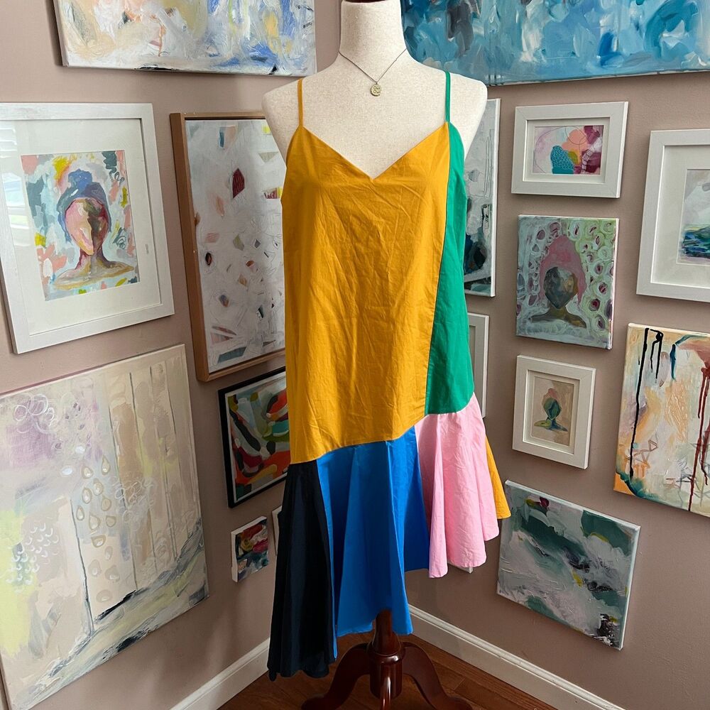 English Factory Colorblock Artsy Midi Dress Asymmetrical Hem Multicolor Size M